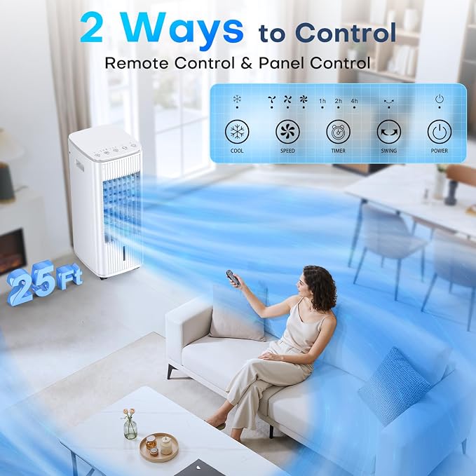 25" Windowless Portable Air Conditioners w/Double Tanks for 16H Cooling, 3-IN-1 Evaporative Air Cooler, Remote&Smart Timer, 3 Speed&Mode, 120° Swing Swamp Cooler Air Conditioner for Bedroom
