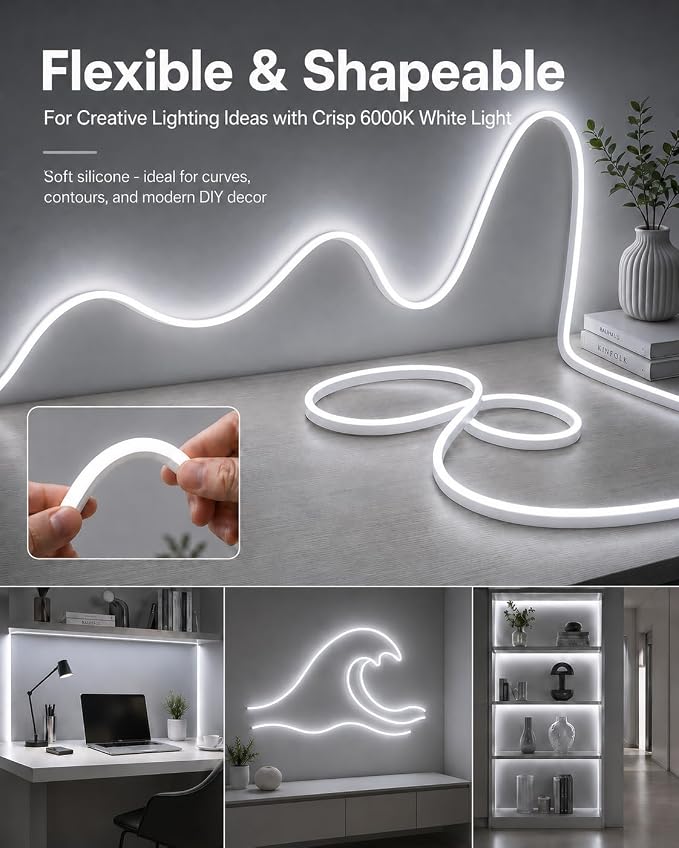 Neon Light Strips, Cool White Dimmable LED Strip Lights, 16.4ft/5m Flexible Waterproof LED Neon Rope Lights DIY LED Strip Lights for Gaming Bedroom Outdoor Decor (Power Adapter Included)