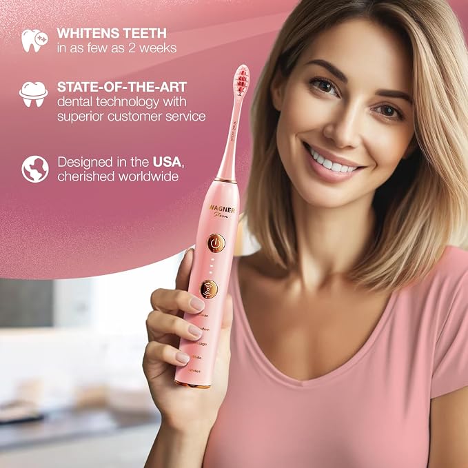 Wagner Stern WHITEN+ Electric Toothbrush, 48,000 VPM, Pressure Sensor, 5 Modes, 8 Brush Heads, Travel Case