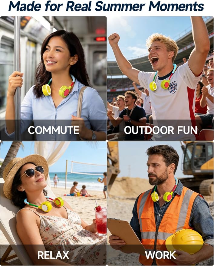 Portable Neck Fan - Hands Free Personal Face Fan, 5 Speeds Rechargeable Wearable Cooling Fan, Flexible Foldable Small Thin Quiet Neck Cooler for Travel, Work, Hot Flashes (Light Blue Green)