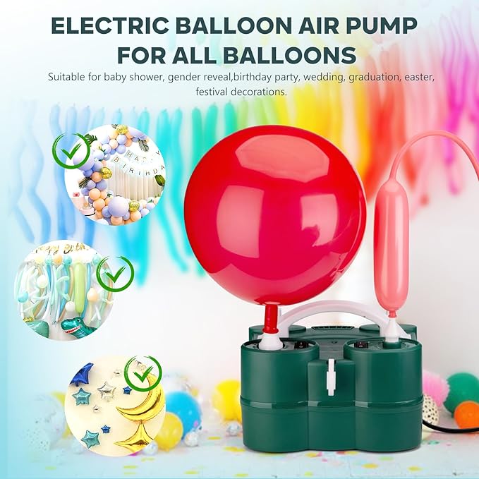 Voircoloria Balloon Pump Electric, 3-in-1 Portable Automatic Dual Nozzle Inflator 110V with Tying Tools for Birthday Gender Reveal Baby Shower Balloons Party Decorations(Green)