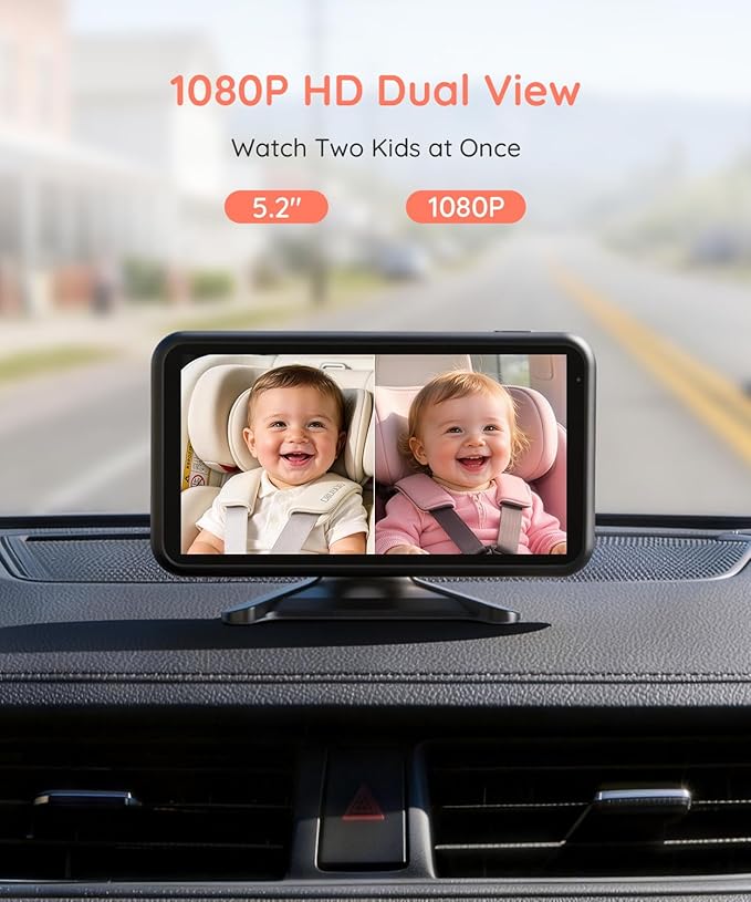 LUCKVIEW BM2 PRO Dual Baby Car Camera, 5.2" 1080P HD Display for Rear-Facing Car Seats, IR Night Vision, Anti-Shake Mount, Easy Install – Ideal for Parents with 2 Kids and Pets