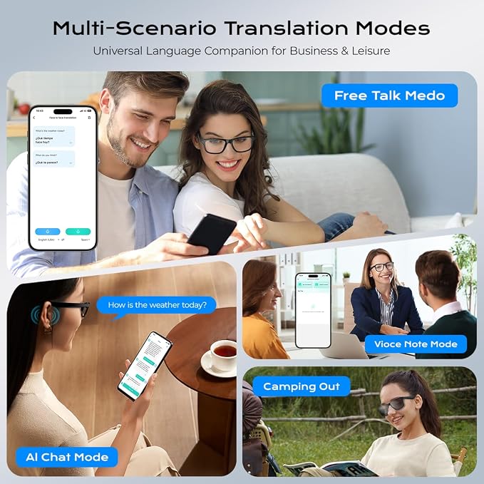 AI Smart Glasses ,Bluetooth Glasses with 140+ Languages Online Translation, Photochromic Lenses, Built-in Mic & Speakers,Anti-Blue Light Lens with Listening Voice Control,Perfect for Indoor Outdoor