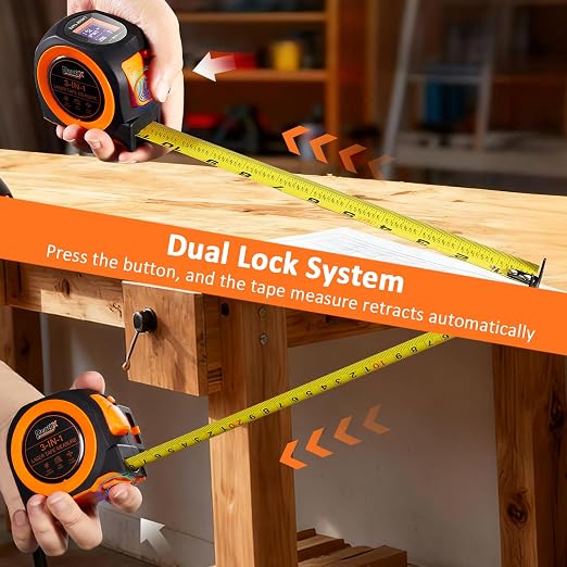 3-in-1 Laser Tape Measure, 197ft Laser Distance Meter, 16ft Digital Tape Measure, Digital Level, Pythagorean/Area/Volume, Rechargeable, Ft/Ft+in/in/M Units, 40 Data Sets