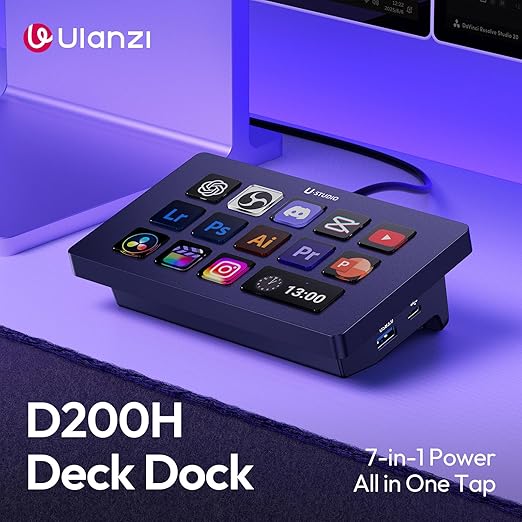 ULANZI D200H Stream Controller & USB C Docking Station with Stand Base, 14 Keys Macro Keyboard with 7-in-1 Hub Deck Dock, SD/TF Card Reader, Customerable LCD Key for Live/Gaming/Editing/Office