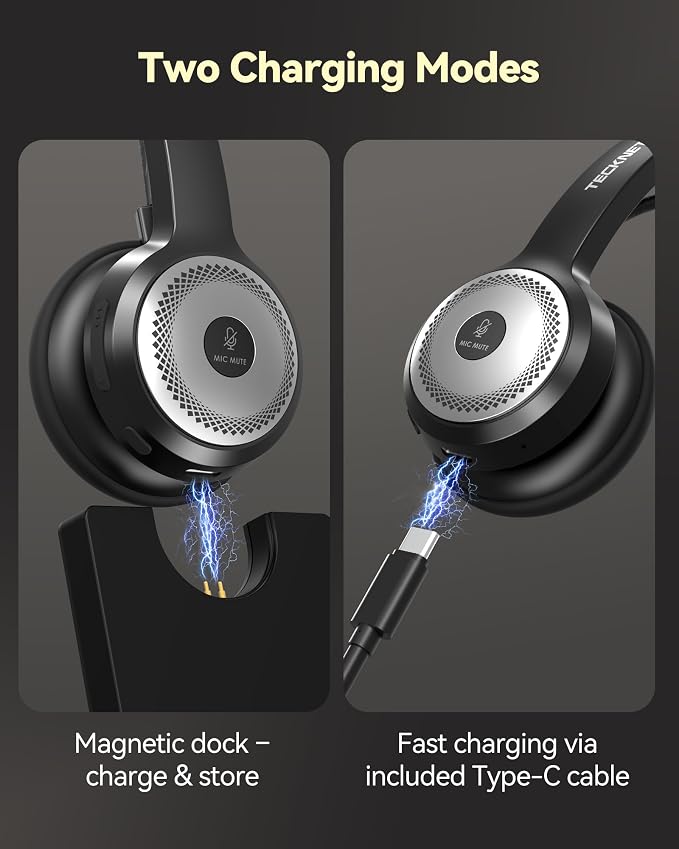 TECKNET Wireless Headset for Work, 45Hrs Worktime AI Noise Cancelling Computer Headphones with Charging Base, Bluetooth Headset with Mic & USB Dongle for PC/Laptop/Call Center