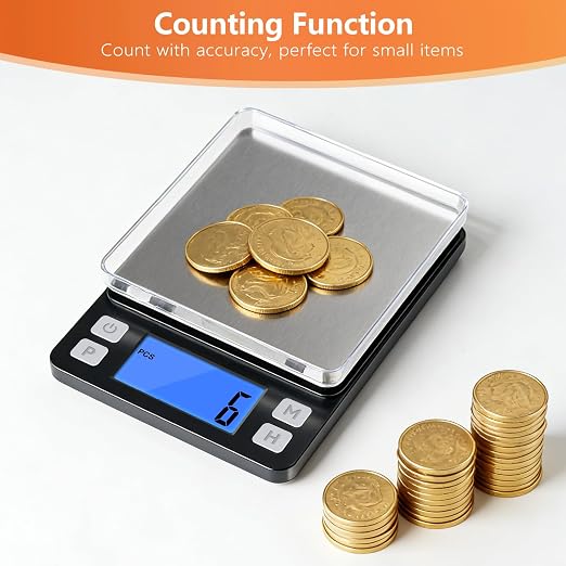 BOMATA 0.01g High Precision Jewelry Scale, 1000g Digital Gram Scale with Hold, Tare & Counting Function, Small & Portable Design for Gold, Bullion, Coins, Gemstones & Crafts, Black