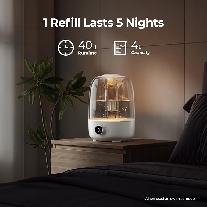 Homvana Humidifiers for Bedroom Diffusers - Top Fill 3.5L Cool Mist Humidifier Large Room, 40H Runtime Diffusers for Home, Air Humidifier for Plants, Baby Nursery, Essential Oil Diffusers (White)