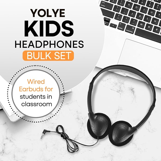 Classroom Headphones Bulk 12 Pack Class Set for School Students Kids and Adult -Sturdy Wired 3.5mm Plug (Black, 12 Pack)