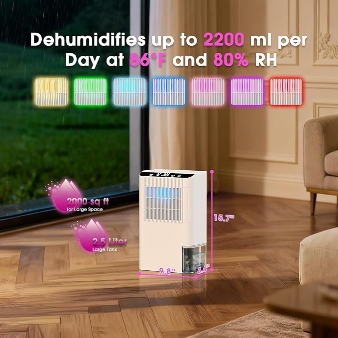 Dehumidifiers for Home, 2000 Sq.Ft Small Dehumidifier with 3.3ft Drain Hose, 2.5L Tank, Timer Sleep Mode, Portable Dehumidifier for Basement, Bedroom, Bathroom (Pearl White)
