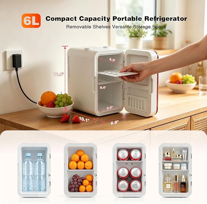 YLFU Skincare Fridge, 6L Small Mini Fridge for Bedroom with 3-Level LED Mirror for Makeup Cosmetics, Cooler & Warmer Personal Refrigerator for Drink Office Dorm and Food