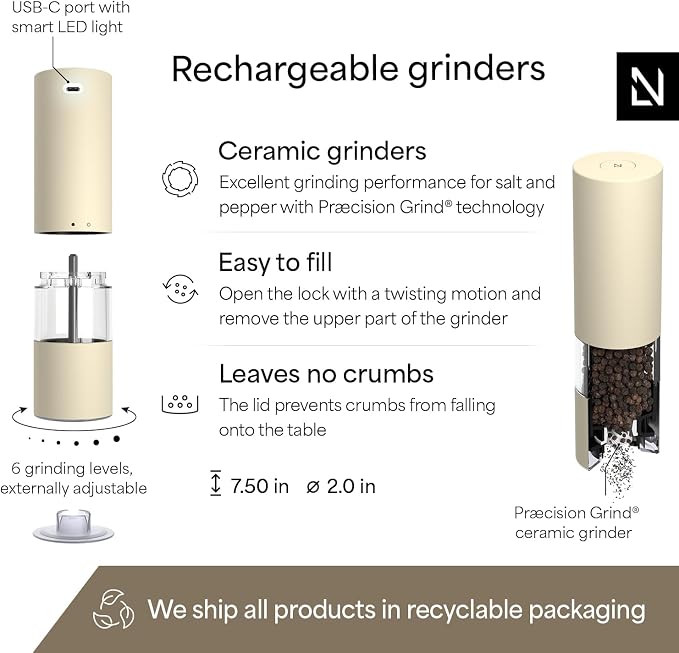 LARS NYSØM Electric Salt and Pepper Grinder Set I Automatic Salt and Pepper Mills with Adjustable Ceramic Grinder I USB Rechargeable Electric Spice Mill Set with LED Light (Almond Beige)