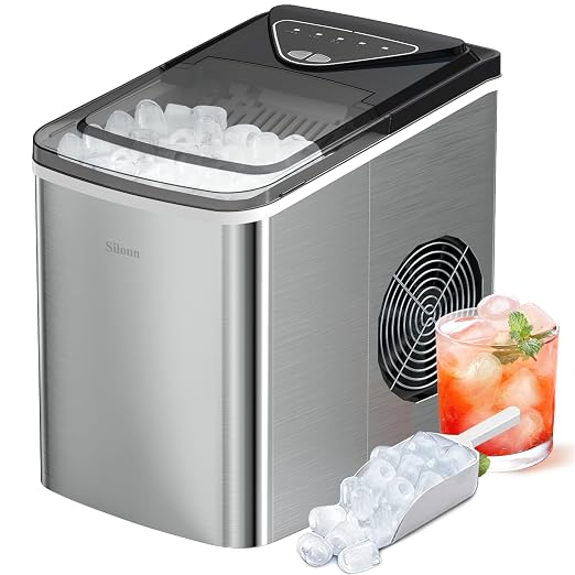 Silonn Countertop Ice Maker Machine, 9 Ice Cubes Ready in 6 Mins, 26 lbs/24 Hrs, Self-Cleaning Portable Ice Maker with Scoop & Basket, 2 Bullet Ice Sizes for Home, Kitchen, Office, Bar, Party