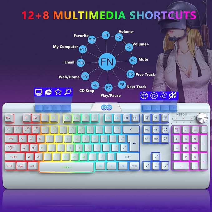 H8 Wireless Gaming Keyboard and Mouse Combo, LED Backlit Rechargeable 3800mAh Battery, Mechanical Feel Anti-ghosting Keyboard with Wrist Rest + 7D 3200DPI Mice for Windows, Mac, PC, Laptop
