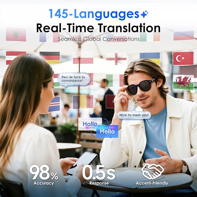 GetD 2026 New AI Glasses for Men & Women, Smart Sunglasses Powered by ChatGPT with 145-Language Translation, Bluetooth Sunglasses, 11H Music/9H Call, UV400 Polarized Lenses for Travel & Daily Use