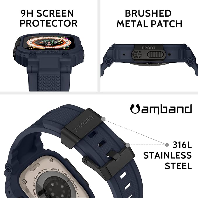 amBand for Apple Watch Ultra 3/2/1 Case, M1 Sport Series Durable Bumper and Screen Protector Fits iWatch Ultra Bands 49mm, Waterproof Gym Workout Accessories for Running Swimming Boating - Navy Blue