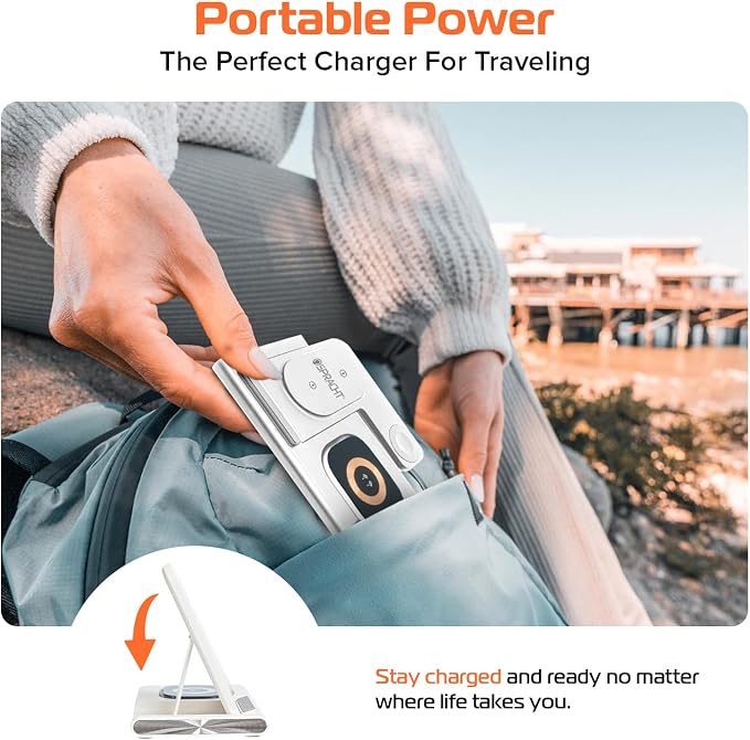 Spracht Flex Charge 3-3 in 1 Charging Station, Portable Charging Station for Smartphones, Smart Watches, Earbuds – 25W Fast Wireless Charger Stand Night Light – Foldable Travel Charger 3 in 1 (White)