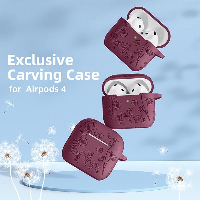 Lerobo Case Cover for Airpods 4, Flower Engraved Silicone, Full Protective, Shockproof, Anti-dust, with Cleaner Kit & Keychain, Compatible with Apple Airpods 4 Case for Women, Purplish Red