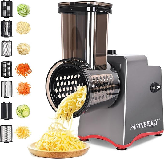 Electric Cheese Grater 250W, 7-in-1 Salad Maker & Vegetable Slicer Shredder with Widened Feeding Port for Block Cheese, Carrots, Potatoes & Fruits, Professional Food Grating Machine