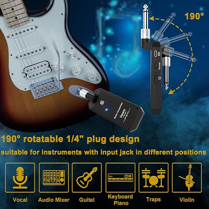 Wireless Guitar Transmitter Receiver Set 5.8GH Wireless Guitar System 4 Channels for Electric Guitar Bass (Silver/Black)