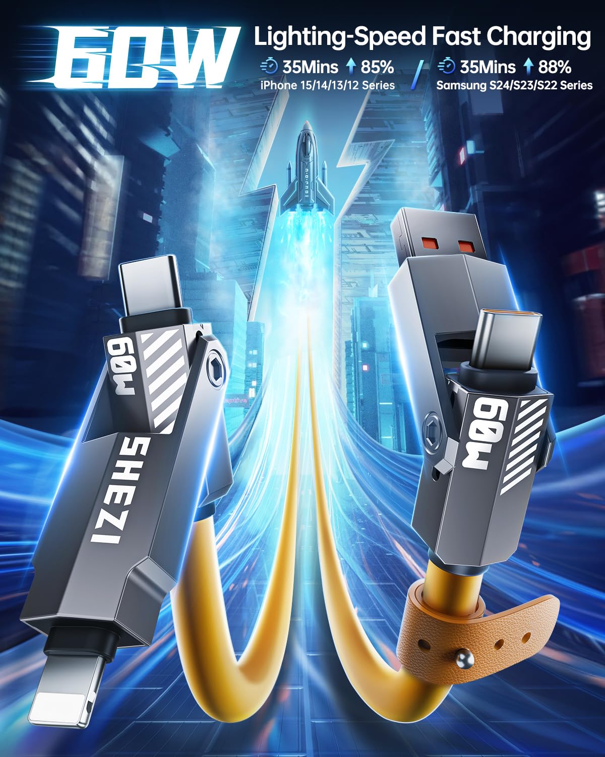 SHEZI Silicone 4 in 1 USB C Cable 60W 5FT Compatible with Lightning Cable, Fast Charging for iPhone/iPad Charger Cord [480Mbps Data Sync],Multi Charging Cable with Type C/USB A, Yellow