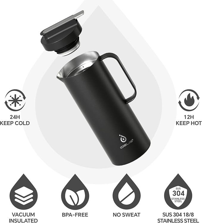 IDEUS Thermal Coffee Carafe 50oz (1,400ml), Stainless Steel Double Wall Insulated Vacuum Flask, Water Jug Coffee Server and Beverage Dispenser, Heat and Cold Retention, Black