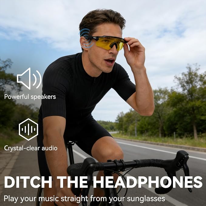 Bluetooth Smart Sunglasses for Men Women, Open-Ear Speaker Glasses with Touch Control, UV400 Polarized Lens, 5-6H Playtime for Outdoor Sports,Black and Yellow