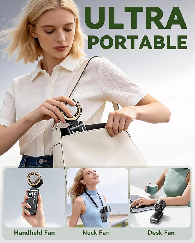 Portable Handheld Fan with Ice Cooling, 7.5m/s High Speed Turbo Fan, 150° Foldable 4-in-1 Personal Neck Fan, 199 Speed Stepless Control, USB-C Rechargeable for Travel, Makeup, Hiking, Black Gold