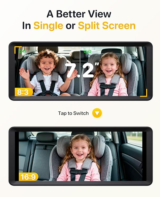 LUCKVIEW BM5 MAX Dual Baby Car Camera, 1080P HD with Record & Playback, 7.2” Split-Screen Display, Auto Night Vision, Easy Installation Rear-Facing Car Seat Camera for Baby