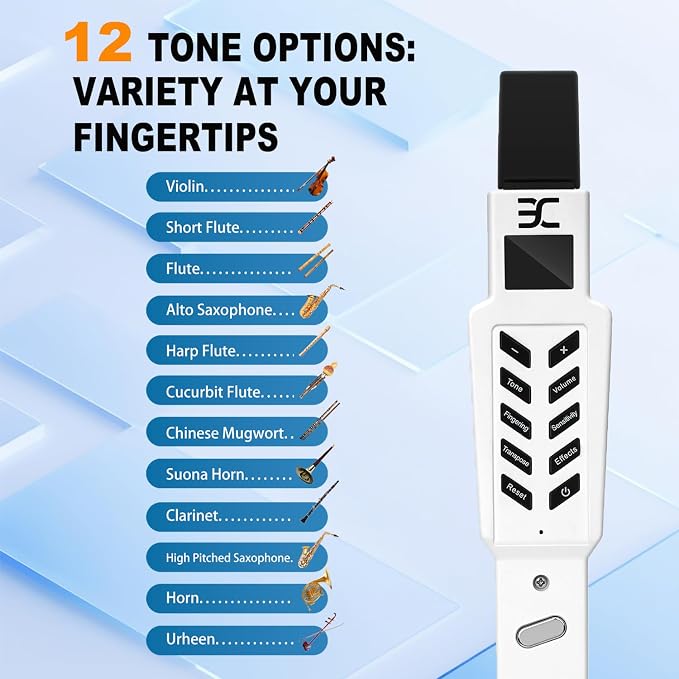 EX Electric Digital Wind Instrument, Electric Saxophone, with 12 Tones, 3 Fingering Modes, 3-Octave Range, Auto Vibrato & Transpose, Bluetooth MIDI & Rechargeable, White
