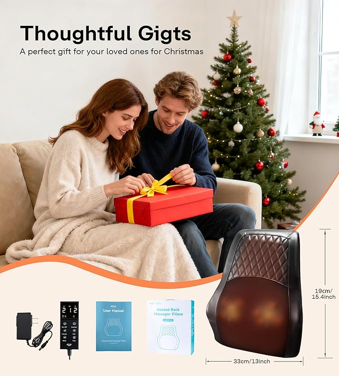 ALLJOY Back Massager with Heat, Electric Shiatsu Massage Pillow with LCD Display, 4 Modes & 3 Intensities Deep Tissue Kneading for Lower Back, Neck, Shoulder, Leg, Ideal Gifts for Men, Women