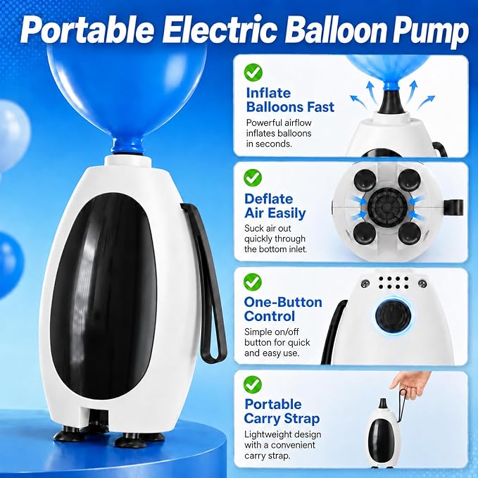 Balloon Pump Electric, Portable Balloon Inflator Air Pump Balloons Blower Machine with 6 Different Nozzles for Party Balloons Decorations Inflator Deflator for Inflatables Pool Floats Air Beds