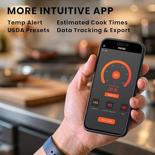 Smart Bluetooth Wireless Meat Thermometer, Instant Read Digital, Waterproof, 500ft Range, Dual Sensor Accuracy for BBQ, Grilling, Oven, Smoker, Ideal for Meat, Kitchen and Outdoor Cooking