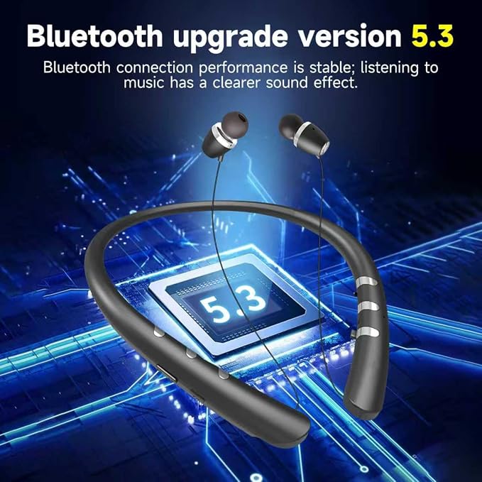 Bluetooth 5.3 Neckband Bluetooth Headphone, Sweat Resistant Noise Cancelling Stereo Headphones, and Retractable Ear Tips for Music, Conference, Videos （Bright Black）