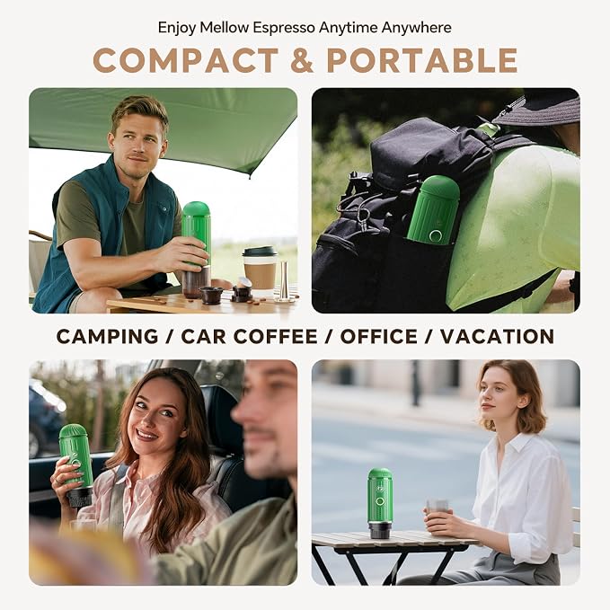 i Cafilas Portable Espresso Machine Self-Heating | Battery Powered Coffee Maker for Camping without Electricity| 2-in-1 Ground Coffee&NS Capsule|19 Bar| USB-C Fast Charge| Green Coffee Maker for Car