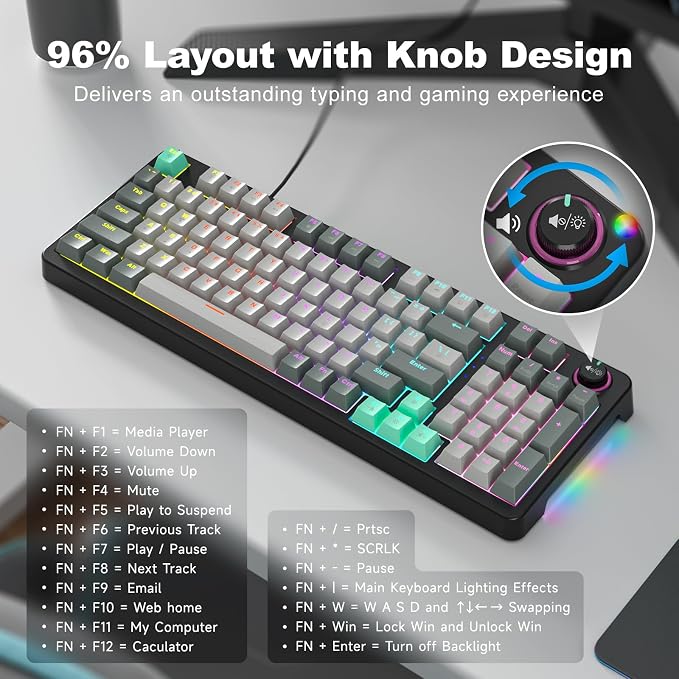 MOFII AK96 Mechanical Gaming Keyboard, Full Keys LED Backlit Programmable, Plug and Play USB A/C Wired Computer Custom Keyboard with Sound/Light Control Knob for Win/Mac - Gray & Black