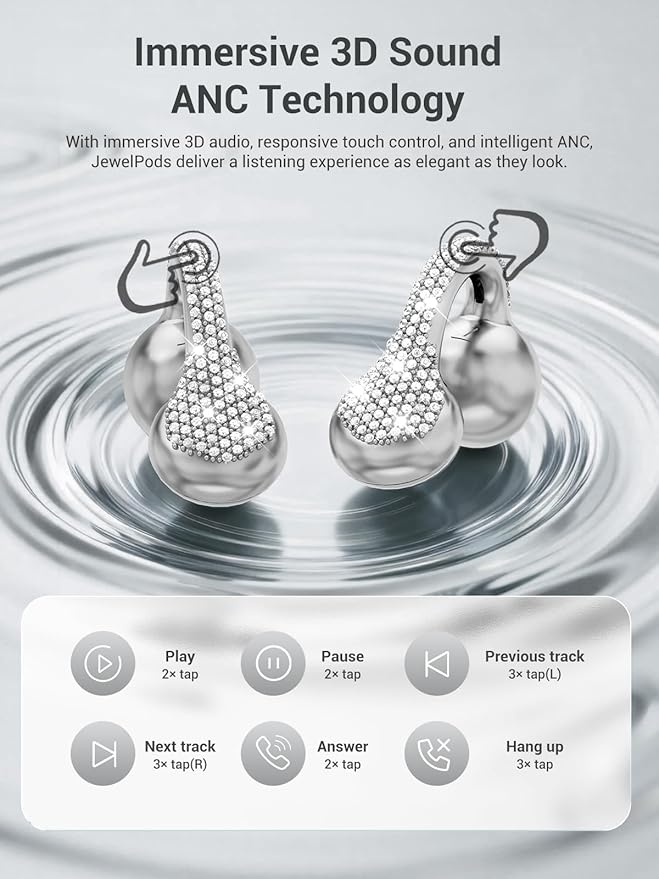 JewelPods C01 Pro Open Ear Headphones, Luxury Jewelry Wireless Earbuds, SLV | Clip-On Wireless Bluetooth Earbuds Secure, Lightweight, Premium Audio-Water Resistant-Up to 72 hrs Play,Gift for Her