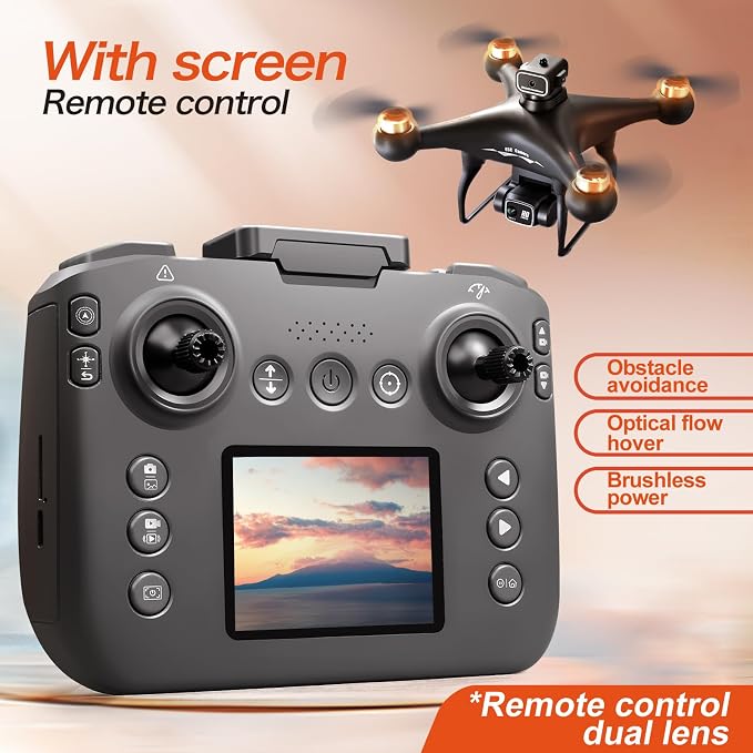 Hobby RC Drone with Screen-equipped Remote Controller, Dual Cameras & Optical Flow Positioning. Built with 6-Channel Gyro and Brushless Motor. Features Headless Mode, Hovering, One-Key Takeoff and Altitude Hold. Comes with 2 Batteries. Easy-to-operate ...