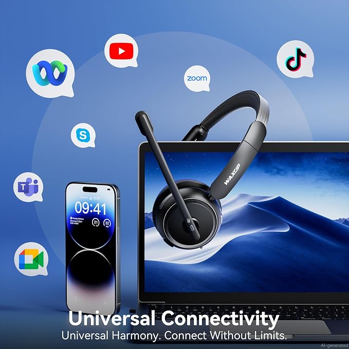 Wireless Headset with Mic for Work, Bluetooth Headset with Microphone Noise Cancelling & Mute Button, 65H Talk Time, Comfortable Wireless Headsets for Work/Call Center/Computer/Laptop/Calls