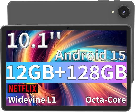 ECOPAD Android 15 Tablet, 10.1 Inch Tablets with Octa-core Processor,HD IPS Screen, 12GB RAM+128GB ROM, Support 1TB Expansion, Dual Band WiFi, BT 5.0,18W Fast Charge and Long-Lasting Battery,Black