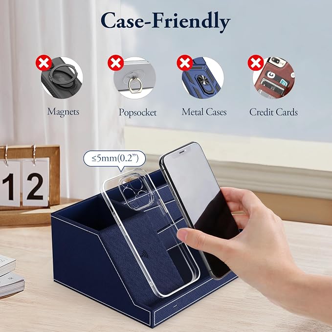 TopMade Wireless Charger Desk Organizer, Leather Multi-Functional Office Supplies Desk Accessories, Remote Control Pen Holder Fast Charging Station, for iPhone Charger Stand, Gifts for Men (Blue)