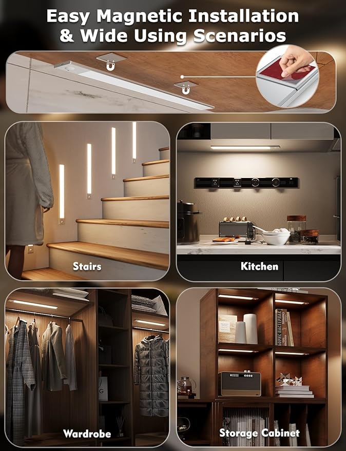 16" Ultra-Thin Under Cabinet Lighting Wireless, Aluminum Alloy Under Counter Lights for Kitchen, 3-Color-Temps Magnetic Closet Lights, Rechargeable Motion Sensor Light Indoor (4 Pack, Silver)