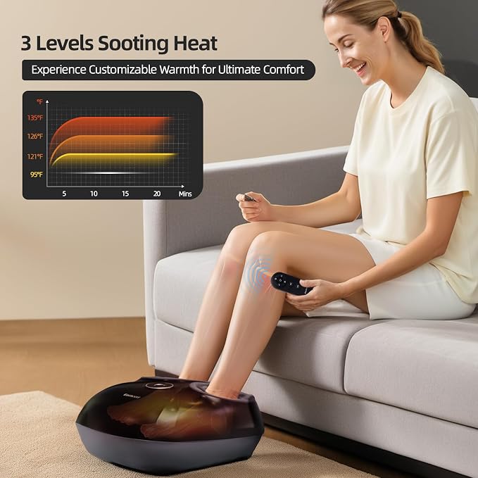 Foot Massager Shiatsu Kneading/Scraping/Vibration/Heat/Remote | 2 Memory Slots,3 Modes, 3 Heats, 3 Intensitys, 15min Timer, Fits US Size 5-11.5