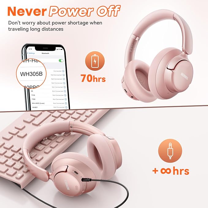 BERIBES Upgraded Hybrid Active Noise Cancelling Headphones with Transparent Modes, 70H Playtime Wireless Bluetooth Headphones with Mic (Rose Gold-1)