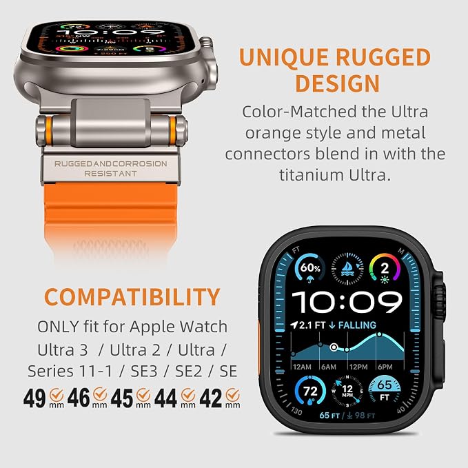 FOAMUNOC Rugged Band Compatible with Apple Watch Ultra 3/2/1 Band 49mm/46mm/45mm/44mm/42mm, Metal Connector with Strap for iWatch Ultra Series 11/10/9/8/7/6/SE3/SE2/SE/5/4/3/2/1, Orange/Titanium