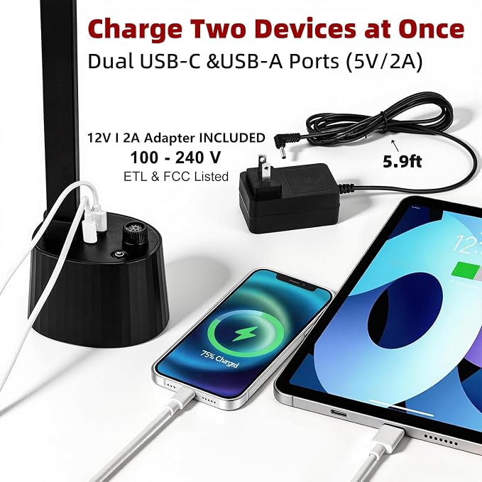 BOHON Small Desk Lamp with USB C Charging Port, Stepless Dimming 5 Colors Reading Light, Space-Saving Rotating Head Desk Lamp for Home Office, Dorm, Bedroom, Black