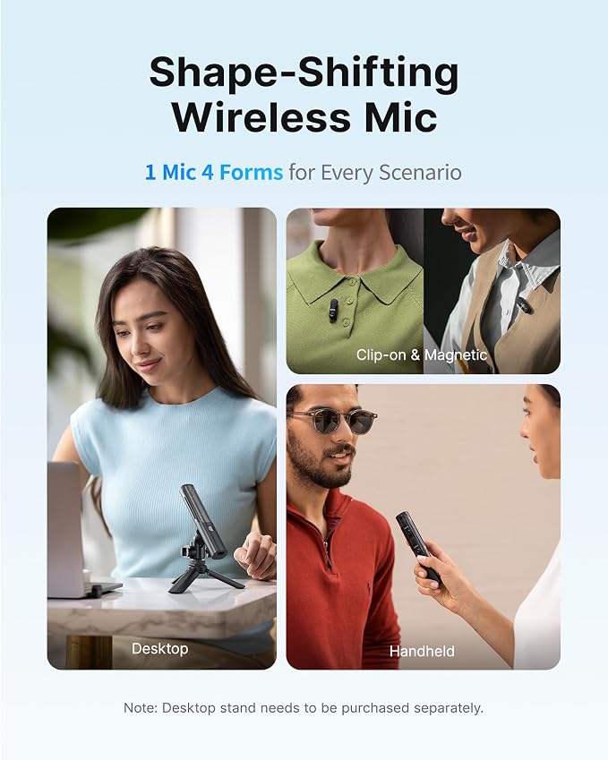 BOYA Magic Wireless Mini Microphones for iPhone 15-16/Android, 4 Form-in-1 Mic, 7g Lightweight, AI Noise Reduction, 48kHz/24bit, APP Control, 328ft Range, Microphone for Recording (Stand not included)