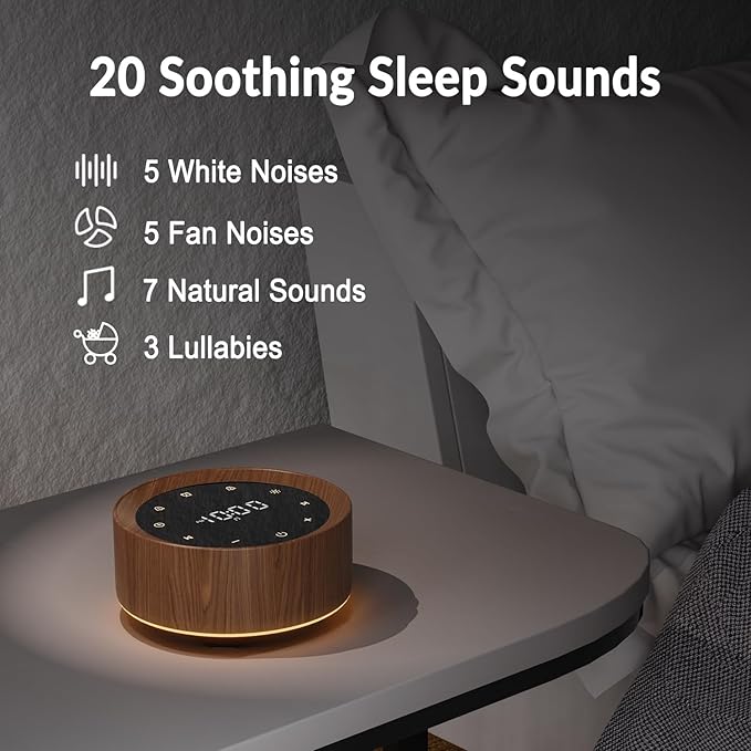 White Noise Machine with Alarm Clock & Night Light for Babies and Adults, 20 Soothing Sounds, Glare-Free Upward Display, Touch Control, Memory Function, 5 Sleep Timers, Wood Grain