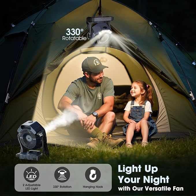 Ausic Misting Fan Portable, [Max 70H Runtime] Outdoor Cooling Camping Fans for Patio, Water Spray Mister Fan with Led Light, Beach Travel Camping Essential, 8 Inch Battery Operated Rechargeable Fan