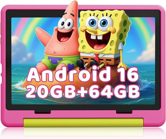 Gleeso Kids Tablet,Android 16 Tablet with HD Display,10.1 inch,Parental Control & Kids Mode, GMS Certified,20GB RAM 64GB ROM,1TB Expandable, 5000mAh Battery, Dual Camera, Protective Case, Pink